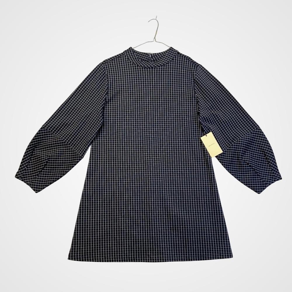 Halogen Windowpane Shift Dress Womens L Black White New Mock Neck‎ HA469370MI